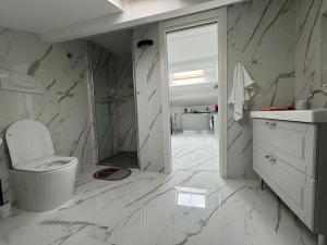 a white bathroom with a toilet and a sink at Mansarda al mare in Tortoreto Lido