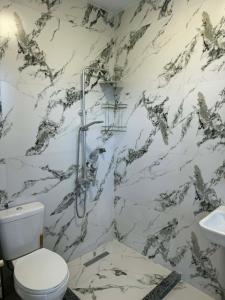 a bathroom with a black and white marble wall at Mirza Guesthouse in Batumi +36 photos