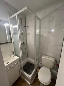 a bathroom with a shower and a toilet and a sink at Appartement pied ESF in La Toussuire