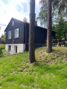 two trees in front of a black house at Chata Slapy Skalice in Slapy