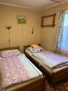 two twin beds in a room with a window at Chata Slapy Skalice in Slapy