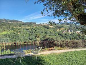 a couple of chairs sitting in the grass next to a lake at Quinta Pedra do Rio - Penedo in Salvador do Monte +1 photo