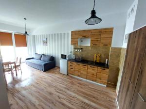 a kitchen and living room with a couch and a table at Apartament Janka in Zator