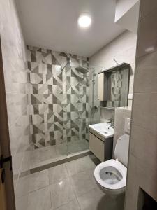 a bathroom with a toilet and a shower and a sink at ZoViTe apartment in Topla