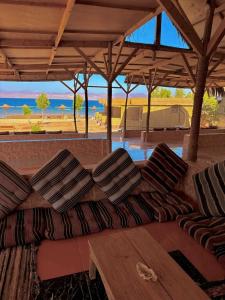 a group of chairs under a pavilion with a view of the beach at Sina life camp in Nuweiba