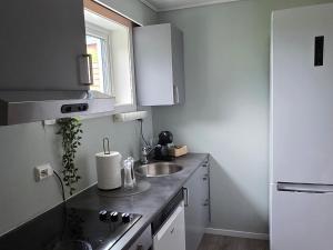 a small kitchen with a sink and a refrigerator at Fjordside Apartment in Åndalsnes +7 photos