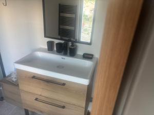 a bathroom sink with a mirror on top of it at Ty Lochois in Loches