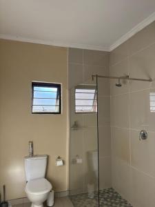 a bathroom with a toilet and a glass shower at SnaMel's in Waterfall +34 photos