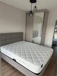 ein Schlafzimmer mit einem großen Bett und einem Spiegel in der Unterkunft Vila Arcadia in Berane