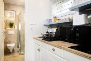 a kitchen with a black microwave and a bathroom at Fövenyes Hideaway in Balatonudvari