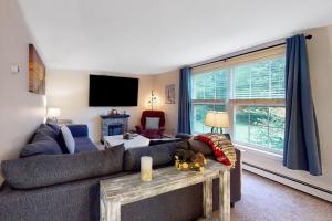 a living room with a couch and a tv at Serene home with a deck, grill, firepit, board games, washer/dryer, & mtn views in East Lamoine