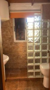 a bathroom with a toilet and a glass block wall at Armonía in Villa Serrana
