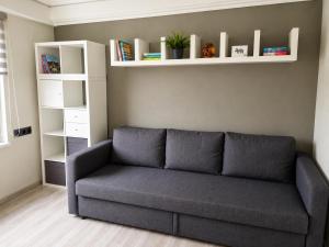 a living room with a couch and shelves with books at Family Nest in Ventspils