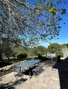 a picnic table and chairs under a tree at Maison des lavandes in Apt