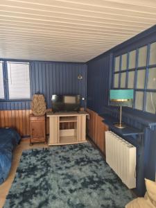 a room with blue walls and a tv and a desk at La Biro in Pornic