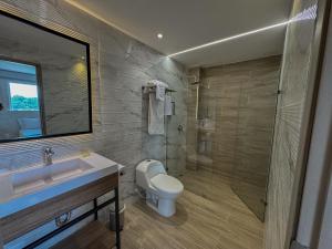 a bathroom with a toilet and a sink and a shower at Hotel Caminos de Acapulco - Vía La Virginia Viterbo in Belalcázar +34 photos