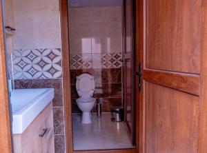 a bathroom with a toilet and a sink and a door at Golden Tree in Karaağaç +30 photos