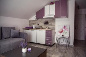 a living room with a couch and a kitchen with purple cabinets at Apartments Kuc in Tivat
