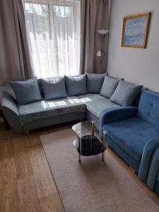 a living room with a blue couch in front of a window at Privat Veronika in Telč