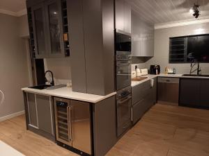 a large kitchen with stainless steel appliances and wooden floors at Almond Place in Tokai