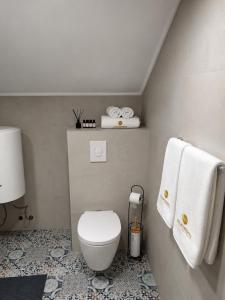 a bathroom with a white toilet and towels at 101 Apartments in Igalo