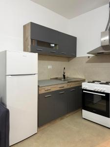 a kitchen with a white refrigerator and a stove at Comfort Residence in Tuzi