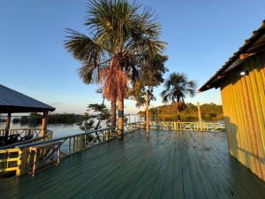 a wooden deck with two palm trees on the water at Amazon Anavilhanas Lodge in Aiparuça