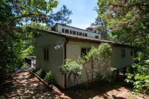 a small green house in the middle of trees at Spacious 4 Bedroom with AC Dog Friendly in Wellfleet