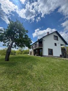 a large white house with a tree in the yard at Imanje Kovačević in Gornji Milanovac