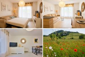 a living room with a bed and a field of flowers at Le Balcon de Corrençon - Les Moucherolles in Corrençon-en-Vercors