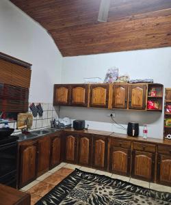 a kitchen with wooden cabinets and a counter top at Blessed home by the Mountain surrounded macadamia in Barberton