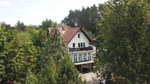 a large white house in the middle of trees at Ostrzyce Park in Ostrzyce