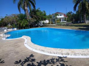 a large blue swimming pool with a curved curb at Las margaritas in La Pascuala