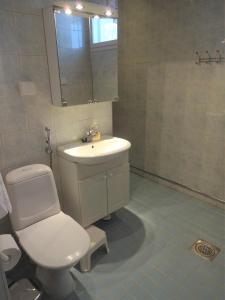a bathroom with a white toilet and a sink at Onnela in Saarijärvi