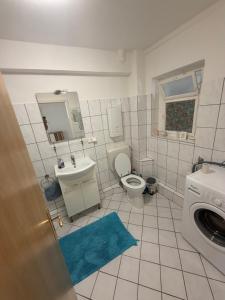 a bathroom with a toilet sink and a washing machine at Diezer Apartments II City in Diez