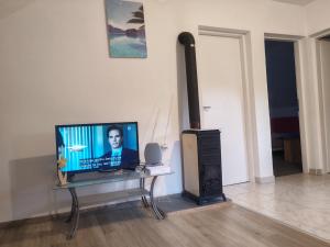 a living room with a television and a fireplace at Apartmani Mila in Brlog +13 photos