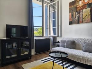 a living room with a couch and a flat screen tv at Appartement Cévenol in Le Vigan