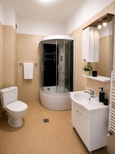 a bathroom with a toilet and a sink and a shower at M14 Stay Cluj in Cluj-Napoca
