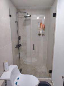 a bathroom with a shower and a toilet at Bostor Apartament in San Salvador