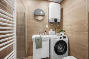 a bathroom with a washing machine and a sink at Apartmány Centrum Trenčín - Greenyard in Trenčín