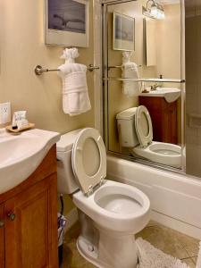 a bathroom with a toilet and a sink and a shower at Boardwalk Oceanfront Condo with Panoramic Views in Virginia Beach +29 photos