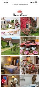 a collage of photos of tables with red flowers at La Motte in Louroux-de-Bouble