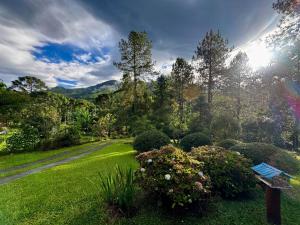 a garden with a bench and some bushes and trees at Casa da Neuza in Resende