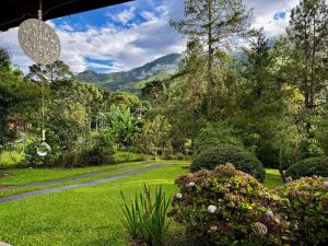 a garden with a road and mountains in the background at Casa da Neuza in Resende