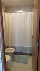 a bathroom with a toilet and a shower curtain at Monoambiente in Venado Tuerto