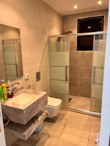 a bathroom with a sink and a toilet and a shower at ڤيلا الكرم in Jerash