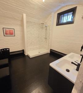 a bathroom with a sink and a shower at The Ironbridge Lockup - Former Cell in Ironbridge