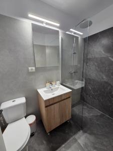a bathroom with a toilet and a sink and a shower at Casa Mihai in Costinesti +66 photos