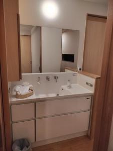 a bathroom with a sink and a large mirror at ファミリーロッジ つつじ in Sakaiminato +35 photos