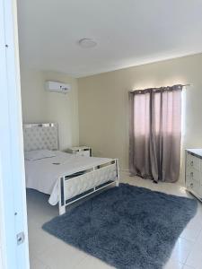 ein weißes Schlafzimmer mit einem Bett und einem blauen Teppich in der Unterkunft Edificio Ramírez 01 in Baní